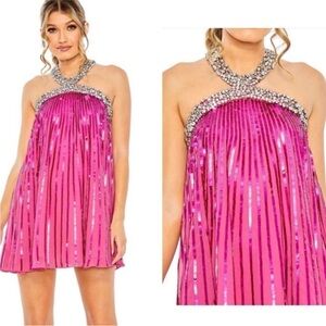 MacDuggal 10996 Pink Halter Neck Open Back Embellished Trapeze Dress| Size 8